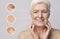 Beautiful senior woman portrait with zoomed zones with skin aging signs