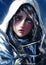 A beautiful sensual pretty paladin girl with blue eyes in a white hood and armor made of blue metal, she has a penetrating