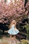 Beautiful sensual woman with blond hair in elegant clothes posing in garden with flowering sakura trees