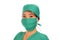 Beautiful and serious Asian Chinese medicine doctor woman or hospital nurse in medical hat surgeon face mask and green scrub in