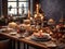 Beautiful served table with decorations and candles. Christmas dinner setting in a cozy dining room. Winter holidays and