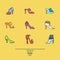 Beautiful set of various shoes and sandals, isolated on yellow background. Vector bundle with 9 different summer and spring female
