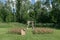 Beautiful setting for outdoors wedding ceremony waiting for bride and groom and guests. Wooden chairs decorated with