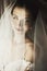 Beautiful sexual brunette bride in vintage white wedding dress u