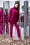 Beautiful sexy pretty woman business brunette wear red sweater pants casual style clothes party fashion model pose accessory hand