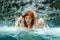 Beautiful sexy redhead woman in Bikini under the splashing water shower of the waterfall in the Spa Wellness pool strokes her hair