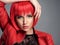 Beautiful sexy woman with bright red bob hairstyle. Fashion  model. Sensual  gorgeous girl in a leather jacket. Stunning face of a