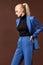 Beautiful sexy woman wear for meeting date business style suit jacket pants accessory fashion collection shoes model pose long