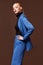 Beautiful sexy woman wear for meeting date business style suit jacket pants accessory fashion collection shoes model pose long