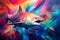 A beautiful shark, modern artwork, abstract colorful painting with geometric shapes. Hand drawn digital painting. Generative AI