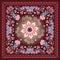 Beautiful shawl in ethnic style with lace frame, bouquets of flowers, butterflies, mandala and paisley on brown background.