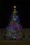 Beautiful shining Christmas tree with decorations - balls, garlands, bulbs, tinsel and a golden star at the top