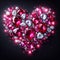 beautiful shining rubies in a heart shape for a romantic message on black background