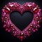 beautiful shining rubies in a heart shape for a romantic message on black background