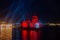 Beautiful ship with red sails on the night river. Scarlet Sails - a wonderful romantic performance on the Neva River in the city
