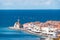 Beautiful shot of aged residential buildings of Piran onshore  in Slovenia