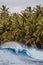 Beautiful shot of breaking wave with the tropical trees on a beach in the background in Indonesia