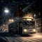 Beautiful shot of a bus at night during a snow storm in Chicago