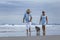 Beautiful shot of a couple on the beach with blue English Stafford dog