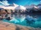 beautiful shot of a crystal clear lake next to a snowy mountain base during a sunny day. Generative AI