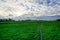 Beautiful shot of a green field with a tiny trail under a wonderful cloudy sky