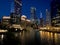 Beautiful shot of illuminated skyscrapers near the sea at night in Chicago