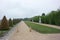 Beautiful shot of the long green alley with sculptures in the gardens of Versailles.