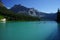 Beautiful shot of people boating on Emerald Lake in Yoho National Park