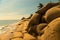 Beautiful shot of a pile of ancient shabby bags covered with sand on beach under breathtaking sky