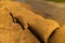 Beautiful shot of a pile of ancient shabby bags covered with sand on beach under breathtaking sky