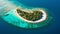 Beautiful shot of a private island in the middle of the ocean. Maldive Islands famous tourist destination. Small islands with sand