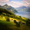 Beautiful shot of a rural landscape with a lake and the mesmerising nature of Switzerland