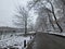 Beautiful shot of the snowy Niagara Falls Trail and nearby Dufferin Islands Bridge, Canada