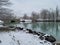 Beautiful shot of the snowy Niagara Falls Trail and nearby Dufferin Islands Bridge, Canada