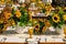 Beautiful shot of sunflower decorations and dinnerware on a table