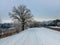 Beautiful shot of trees, highway and field covered with snow on a cold winter day