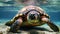 beautiful shot of a turtle in the open sea, with a diver blurred in the background