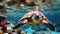 beautiful shot of a turtle in the open sea, with a diver blurred in the background