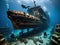 a beautiful shot of a underwater scene with a abandoned ship