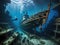 a beautiful shot of a underwater scene with a abandoned ship