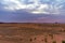 Beautiful shot of vast land with tire tracks on the sand with an indigo clouds background