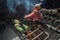 Beautiful shot of vegetable and meat grilling process