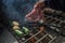 Beautiful shot of vegetable and meat grilling process