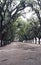 beautiful sidewalk full of trees forming arches, with an old mansion in the background