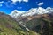 Beautiful Sikkim mountain landscape with green valley, a blue sky and clouds.