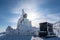 Beautiful silhouette scenic view of Big buddha jizo statue on summit of zao mountain, yamagata, tohoku, japan with snow in winter