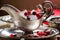 Beautiful silver bowl with ice and red berries. Vintage.