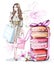 Beautiful sketch set: fashion woman with shopping bags, sweet cute macarons with bow and flowers.