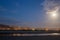 Beautiful skyline of a coastal city Morro Bay with city lights reflection on the water