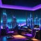 a beautiful skyline view at night from retro futuristic home office with multiple computer home